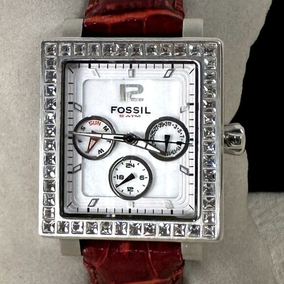 Fossil Square Bezel Multifunction Watch With Crystals and Burgundy Leather Band - Picture 1 of 5